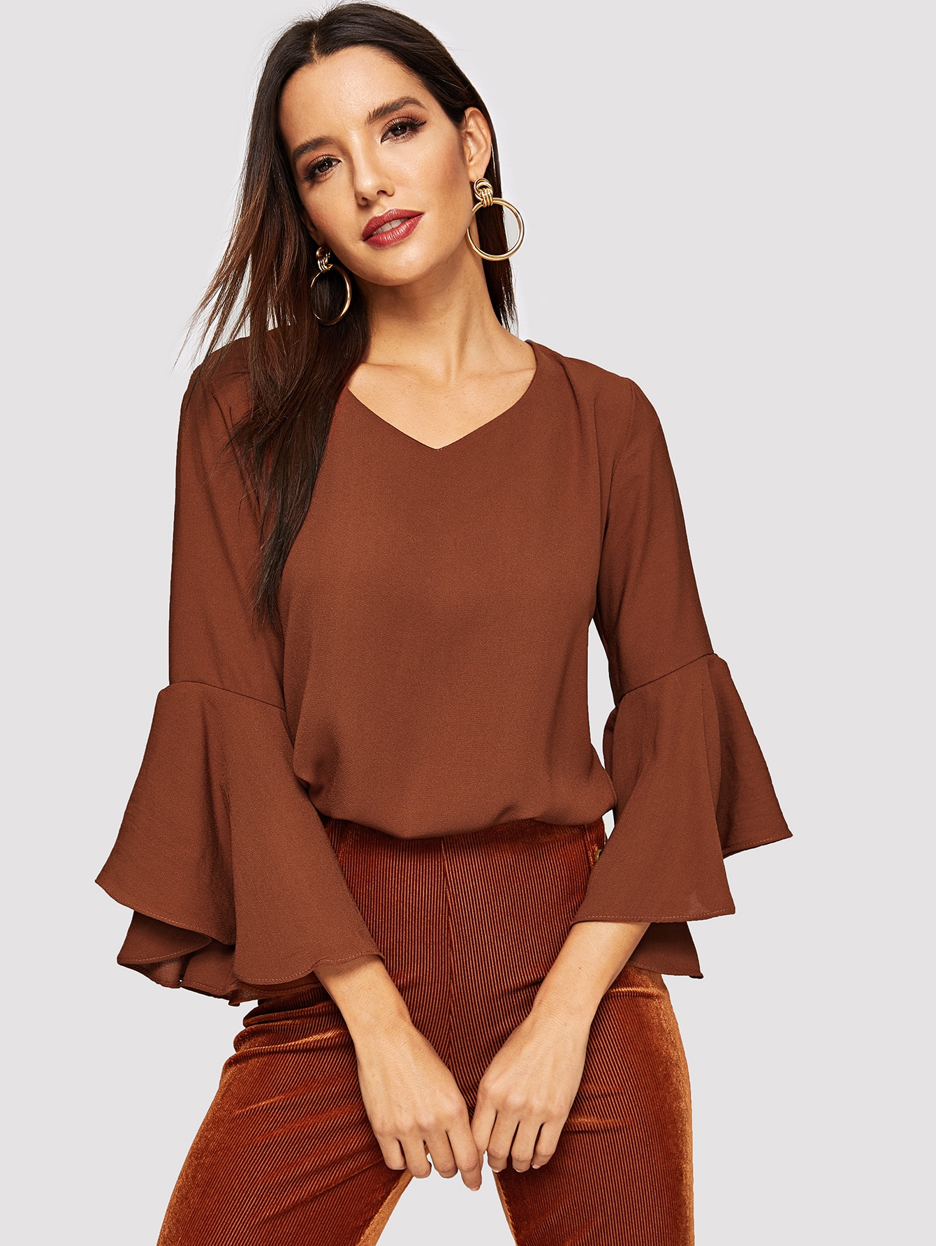 Solid Brown Bell Sleeves Top Saad Ibrahim