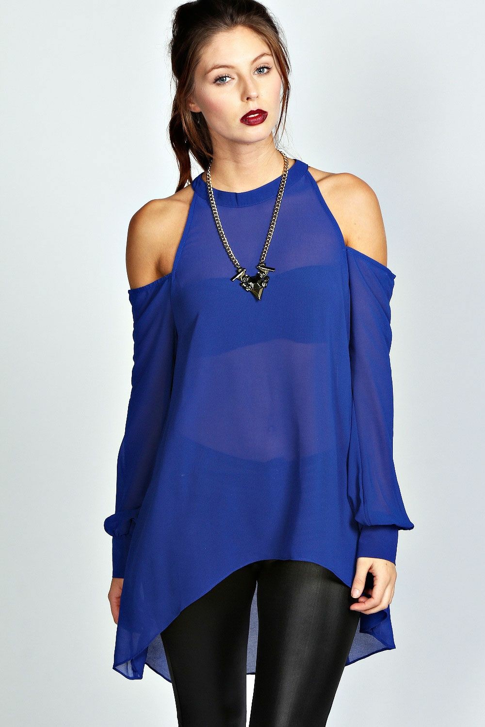 Royal Blue Cold Shoulder Half Sleeve T-shirt For Women. SD-572